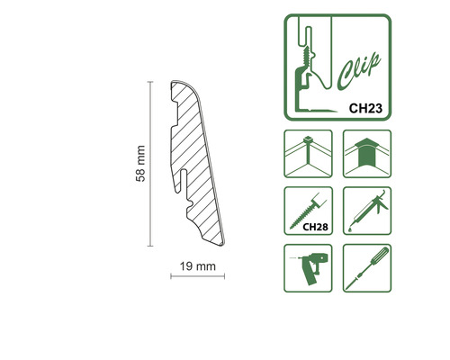 Skizze eines Sockelleistenprofils mit den Maßen 58 mm Höhe und 19 mm Breite sowie Symbole zur Clipmontage und Befestigung.
