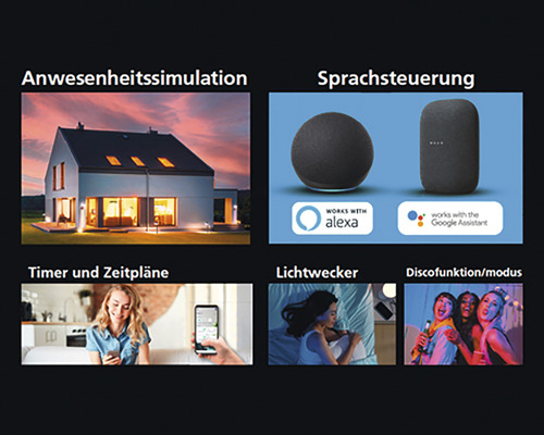 Funktionen: Anwesenheitssimulation, Sprachsteuerung, Timer und Zeitpläne, Lichtwecker, Disco Funktion