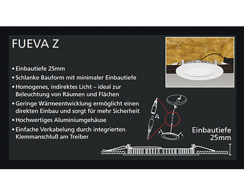 Fueva Z Einbauleuchte mit den Produktdetails und schematischer Darstellung