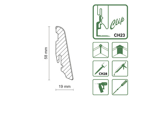 Technische Zeichnung einer Sockelleiste mit den Maßen 58 mm Höhe und 19 mm Breite sowie Symbole zur Befestigung mit Clip, Schraube oder Kleber