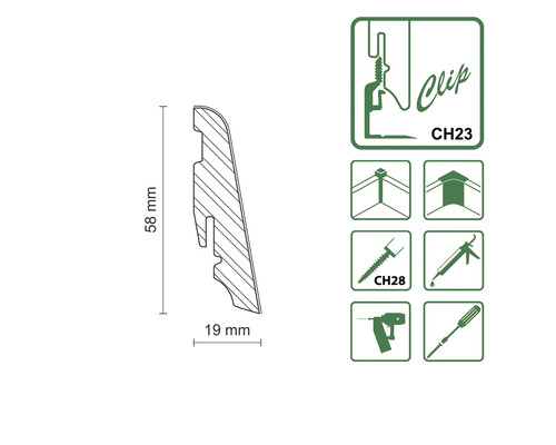 Technische Zeichnung einer Sockelleiste mit den Maßen 58 mm Höhe und 19 mm Tiefe sowie Symbole zur Montage.