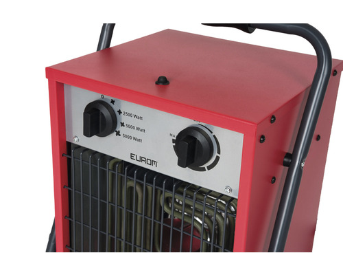 Nahaufnahme eines roten Elektroheizers mit zwei Drehknöpfen zur Leistungsregulierung.