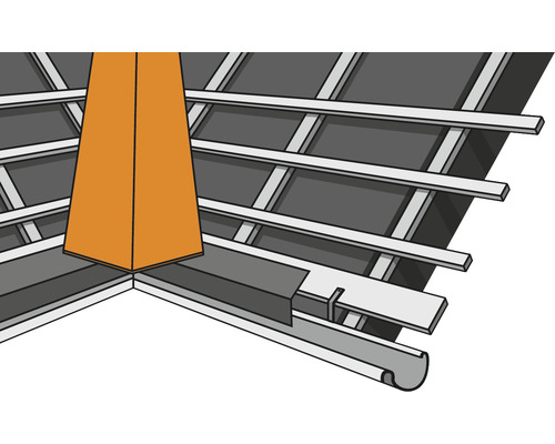 Illustration einer Dachentwässerung mit Dachrinne und Kamin