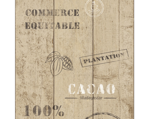 Tapete mit Kakao-Motiven auf Holzplanken-Optik