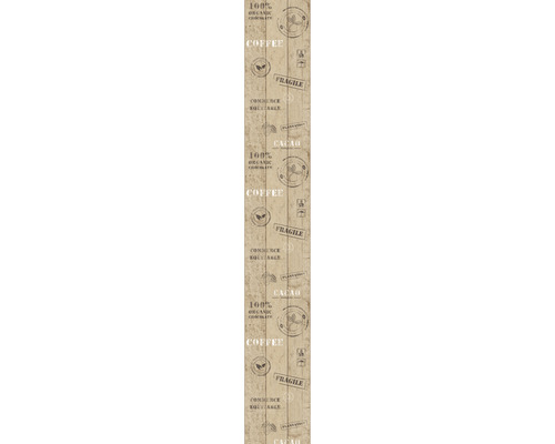 Holztapete mit Aufdrucken zu Kaffee, Kakao und Bio-Qualität