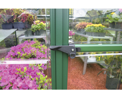 Detailansicht eines Gewächshauses mit Fokus auf dem Verschlussmechanismus und Pflanzen im Hintergrund