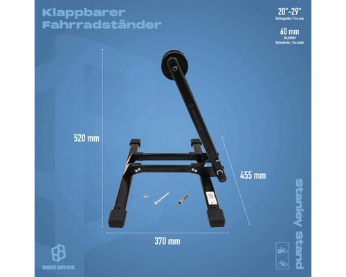 Klappbarer Fahrradständer mit den Maßen 520 mm Höhe, 370 mm Breite und 455 mm Tiefe. Geeignet für Reifengrößen von 20 bis 29 Zoll und Reifenbreiten bis maximal 60 mm.