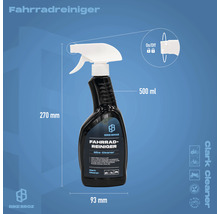 Fahrradreiniger in einer 500 Milliliter Sprühflasche mit den Maßen 270 Millimeter Höhe und 93 Millimeter Breite