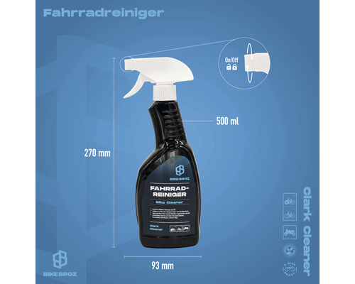 Fahrradreiniger in einer 500 Milliliter Sprühflasche mit den Maßen 270 Millimeter Höhe und 93 Millimeter Breite