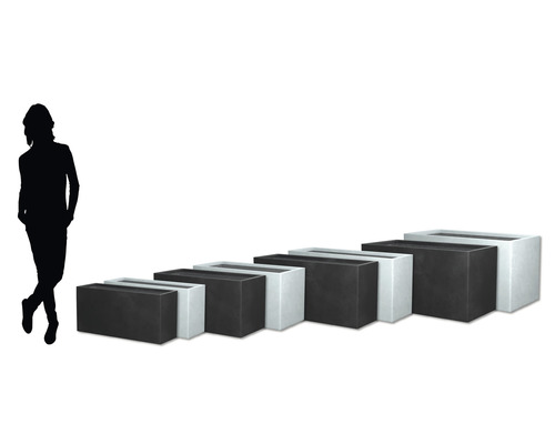 Rechteckige Pflanzkübel aus Fiberglas in verschiedenen Größen und Ausführungen neben einer Personensilhouette.