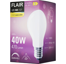 Verpackung einer Flair LED A60 / E27 Glühbirne mit 4 Watt Leistung, 40 Watt Entsprechung, 470 Lumen, 2700 Kelvin warmweiß und dimmbar