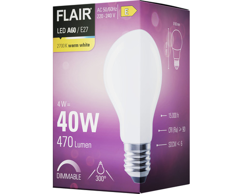 Verpackung einer Flair LED A60 / E27 Glühbirne mit 4 Watt Leistung, 40 Watt Entsprechung, 470 Lumen, 2700 Kelvin warmweiß und dimmbar