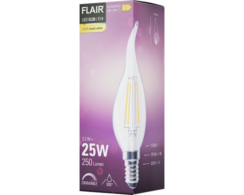 Verpackung einer Flair LED Lampe CL35/E14 mit 2,2 Watt und 250 Lumen