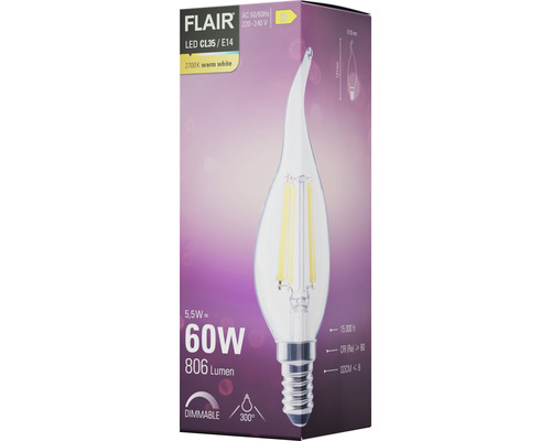 FLAIR LED Leuchtmittel CL35/E14, 5.5 Watt, 806 Lumen, 2700 Kelvin warmweiß, dimmbar
