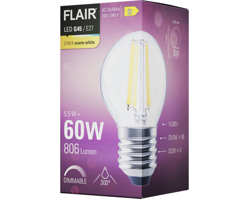 Verpackung einer dimmbaren Flair LED Lampe G45 E27
