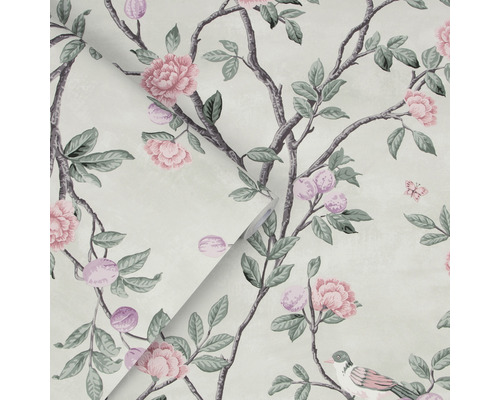 Tapete mit Blüten, Ästen und Vogelmotiven