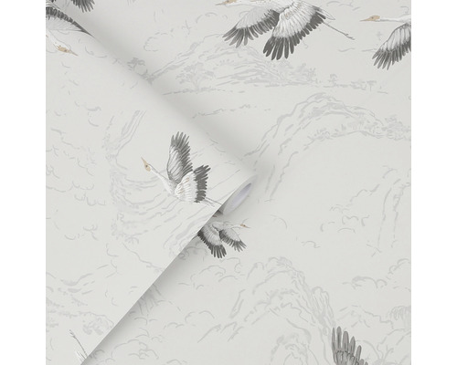 Tapete mit Kranichmuster und Bergmotiv auf Rolle