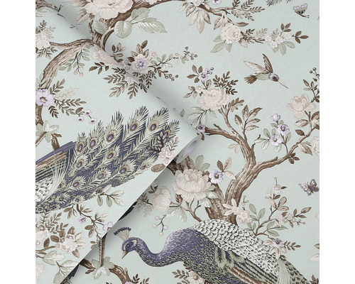 Tapete mit Pfauen-, Blumen- und Vogelmuster