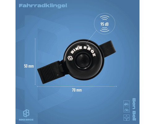 Schwarze Fahrradklingel mit 95 Dezibel, 50 Millimeter hoch und 70 Millimeter breit