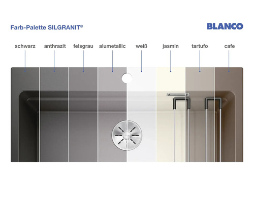 Blanco Silgranit Spüle Farbpalette mit den Farben Schwarz, Anthrazit, Felsgrau, Alumetallic, Weiss, Jasmin, Trüffel und Cafe