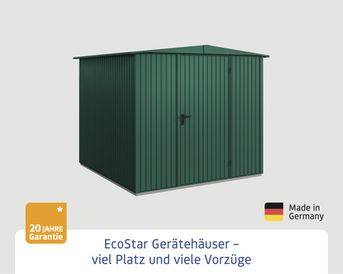 EcoStar Gerätehaus aus Metall mit Doppeltür und 20 Jahre Garantie