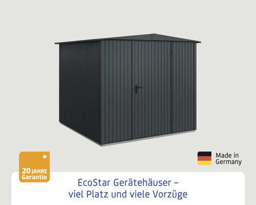 EcoStar Gerätehaus aus Metall mit 20 Jahre Garantie und Made in Germany Siegel