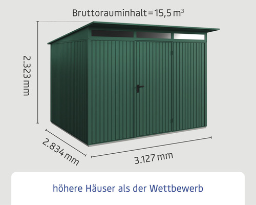 Gartenschrank mit Abmessungen und Bruttorauminhalt von 15,5 Kubikmetern