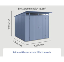 Abbildung eines Gartenhauses mit den Maßen 2323 mm Höhe, 2834 mm Breite und 2479 mm Tiefe.