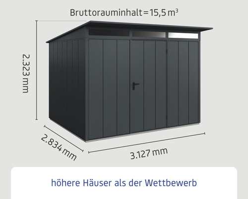 Metall Gerätehaus mit den Maßen 2323 mm Höhe, 2834 mm Breite und 3127 mm Länge