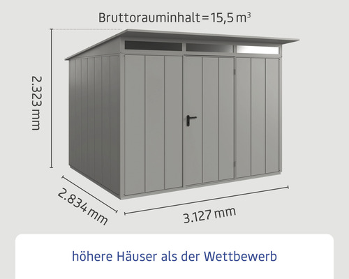 Metall Gerätehaus mit den Maßen 2323 mm Höhe, 2834 mm Tiefe und 3127 mm Breite