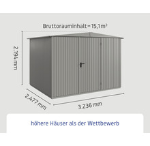 Abbildung eines Gerätehauses mit Größenangaben in Millimetern und Angabe des Bruttorauminhalts in Kubikmetern