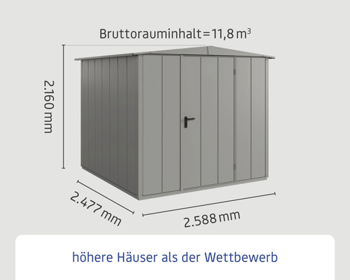 Abmessungen des Gartenhauses: 2160 Millimeter Höhe, 2477 Millimeter Tiefe, 2588 Millimeter Breite und 11,8 Kubikmeter Bruttorauminhalt