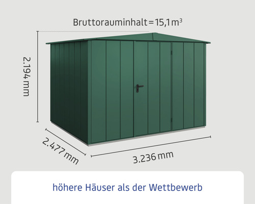 Gartenschuppen aus Metall mit den Maßen 2194 Millimeter Höhe, 2477 Millimeter Tiefe und 3236 Millimeter Breite