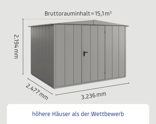 Metall Gartenhaus mit den Maßen 2194 Millimeter Höhe, 2477 Millimeter Tiefe und 3236 Millimeter Breite
