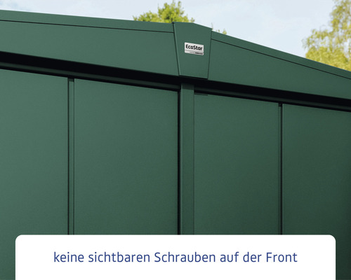 Detailansicht eines Gerätehauses mit nicht sichtbaren Schrauben an der Front.