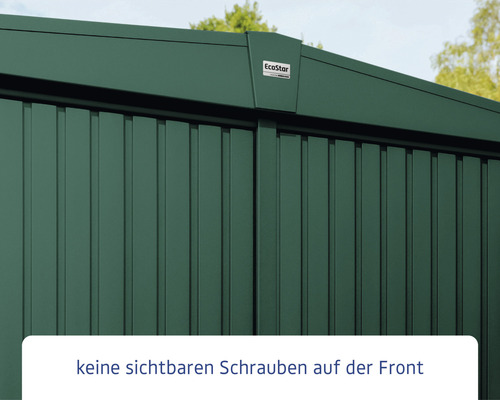 Detailansicht eines Gerätehauses aus Metall mit EcoStar Logo