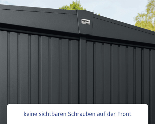 Detailansicht eines Geräteschuppens mit Metallfassade und EcoStar Logo.