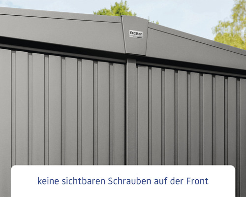 Detailansicht einer Gerätehütte mit EcoStar Logo