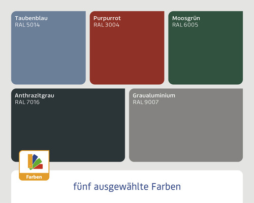 Fünf ausgewählte Farben: Taubenblau RAL 5014, Purpurrot RAL 3004, Moosgrün RAL 6005, Anthrazitgrau RAL 7016, Graualuminium RAL 9007