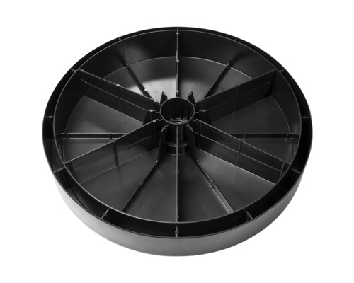 Schwarze Kabeltrommel aus Kunststoff mit Fächern zur Kabelaufbewahrung