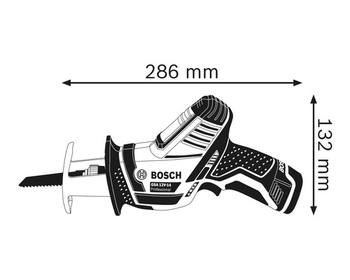 Abmessungen einer Bosch Akku-Säbelsäge mit einer Länge von 286 Millimeter und einer Höhe von 132 Millimeter