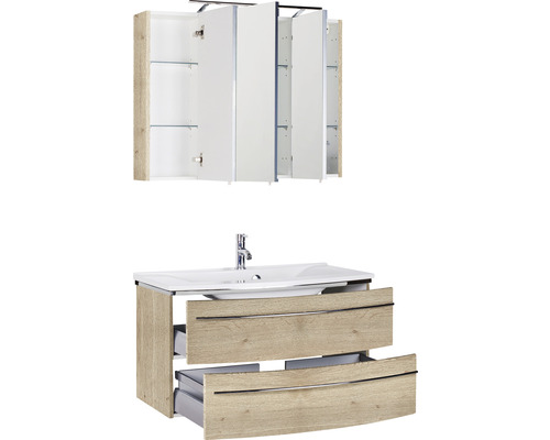 Waschbeckenunterschrank mit Schubladen und Spiegelschrank mit Regalen für das Badezimmer