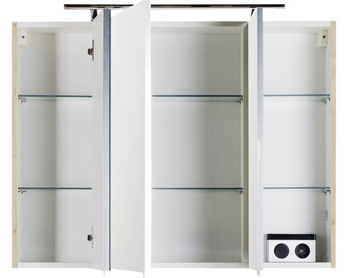 Offener Spiegelschrank mit Glasböden und Steckdose