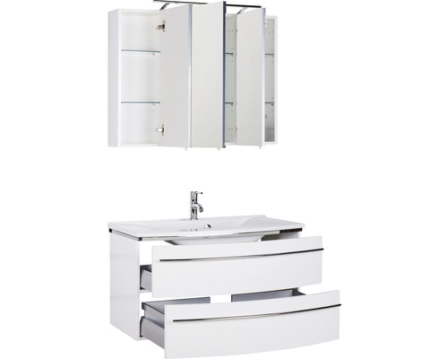 Badezimmer Waschtisch mit zwei Schubladen und Spiegelschrank mit drei Türen