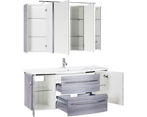 Badezimmer-Set mit Waschbecken, Unterschrank, Schubladen und Spiegelschrank mit Regalen