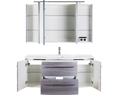 Offenes Badezimmermöbelset mit Waschbecken, Unterschrank, Spiegelschrank und Glasablagen