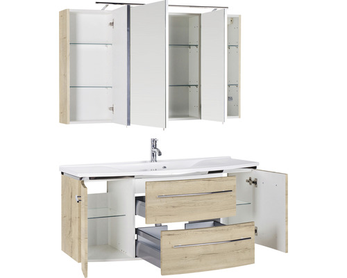 Badezimmermöbel Set mit Waschbecken, Unterschrank, Spiegelschrank und offenstehenden Türen und Schubladen