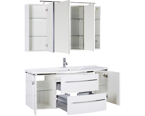 Badezimmermöbel-Set mit Waschbeckenunterschrank, Waschtisch und Spiegelschrank mit offenen Türen und Schubladen