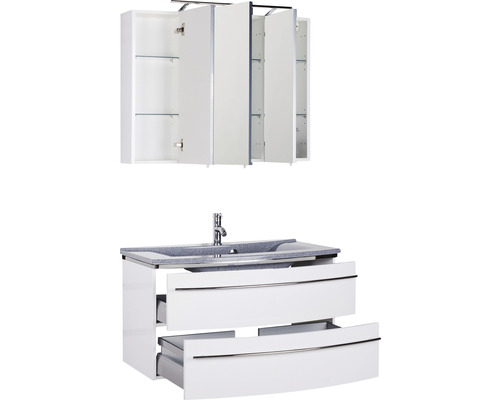 Weißer Waschtischunterschrank mit Waschbecken und Spiegelschrank mit offenen Türen für Badezimmer