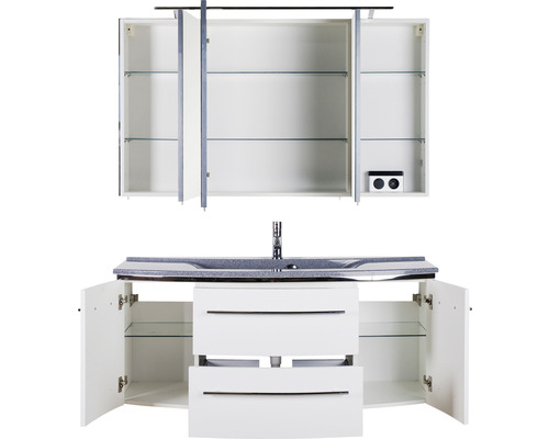 Waschtischkombination mit Waschbecken, Unterschrank und Spiegelschrank mit offenen Türen